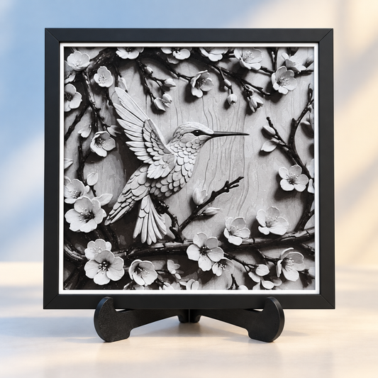 Sakura Hummingbird HueForge with black SnapFrame and thin white border — hero