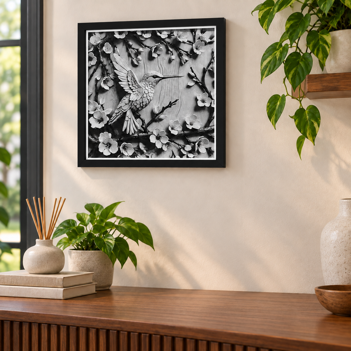 Sakura Hummingbird HueForge with black SnapFrame and thin white border — wall display
