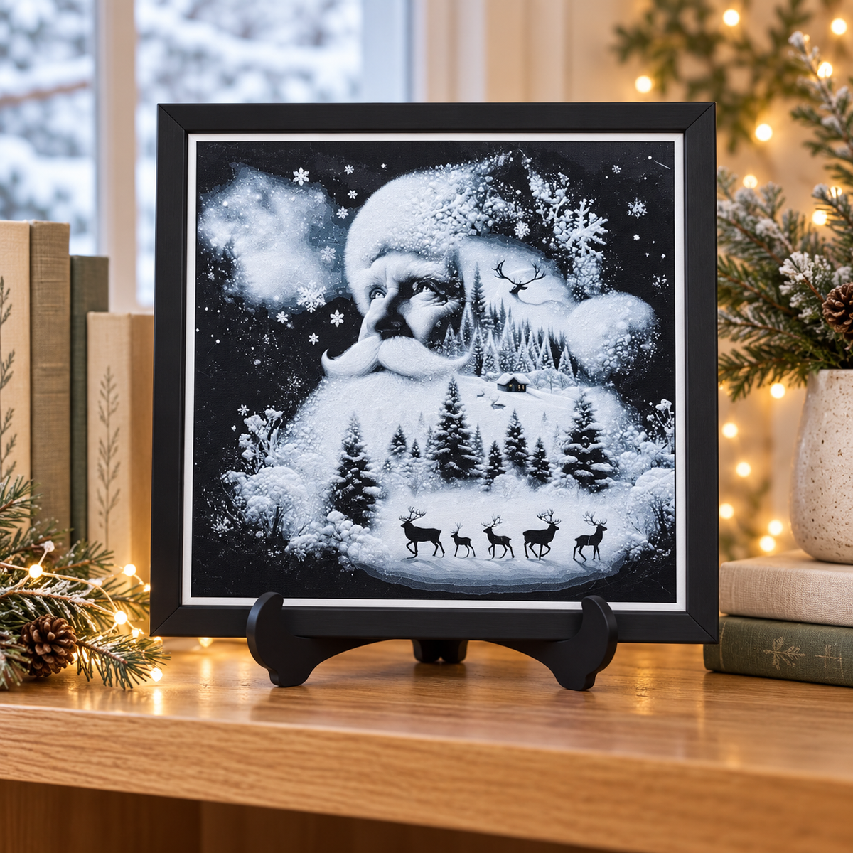 Santa HueForge art — bookshelf, winter styled mockup