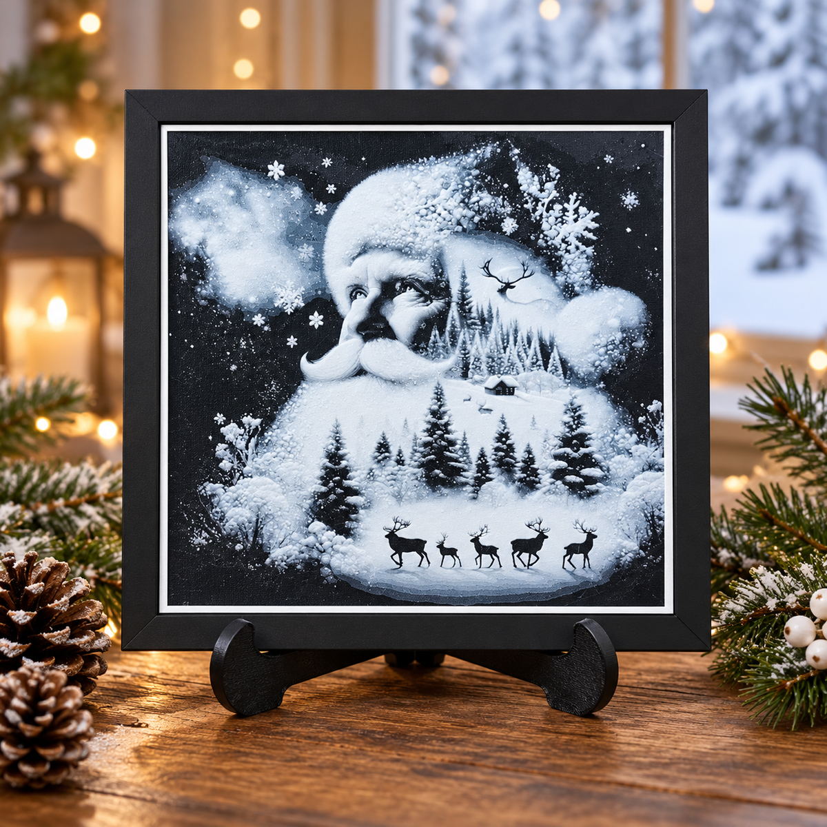 Santa HueForge art — easel, winter styled mockup
