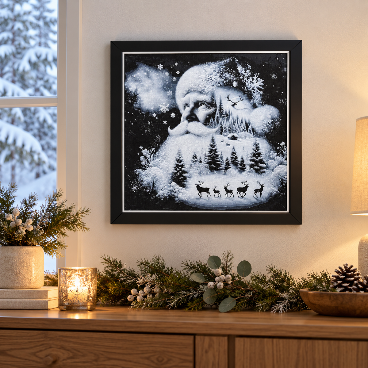 Santa HueForge art — wall, winter styled mockup