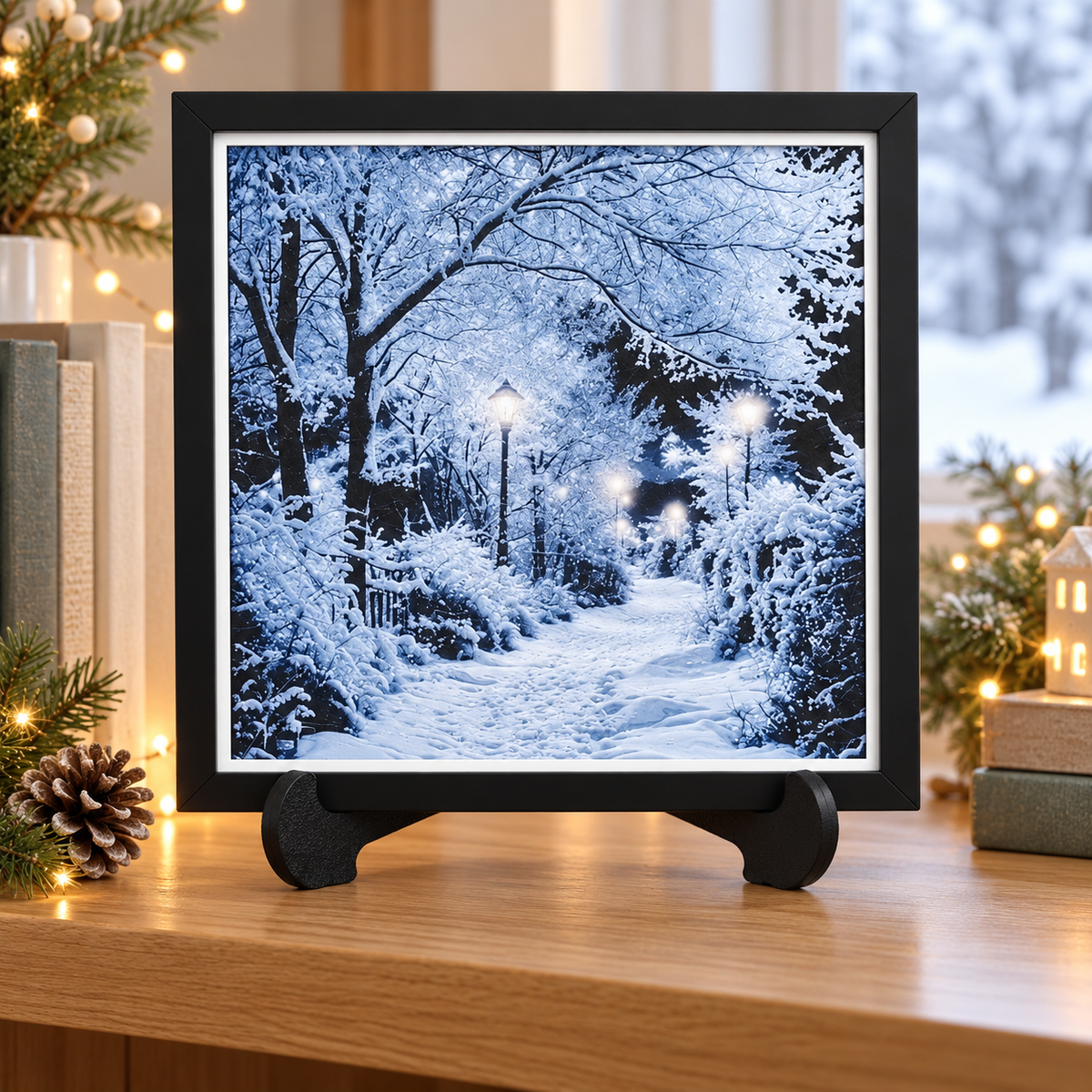 A Snowy Evening Walk HueForge art in black SnapFrame — winter bookshelf styled mockup