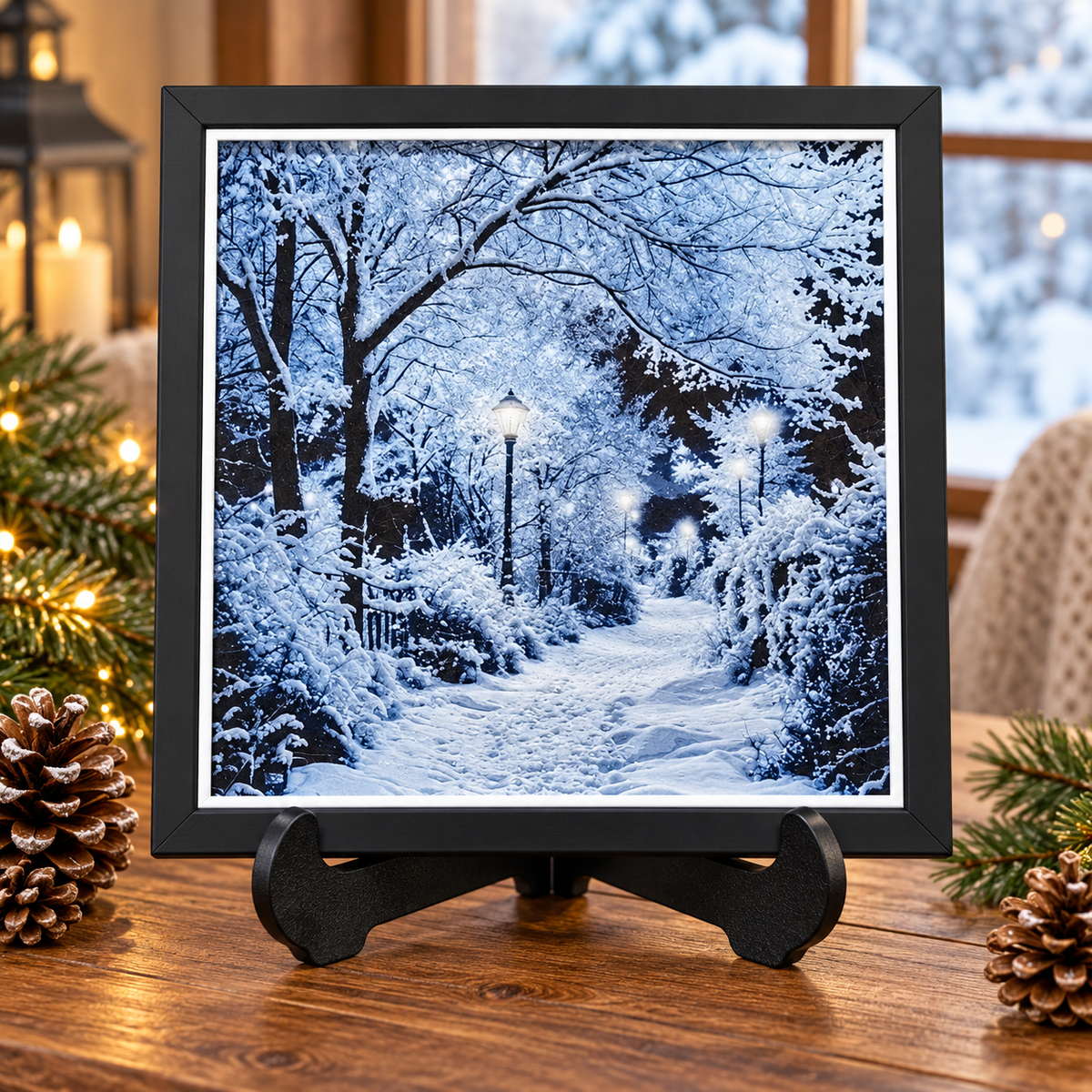 A Snowy Evening Walk HueForge art in black SnapFrame — winter easel styled mockup