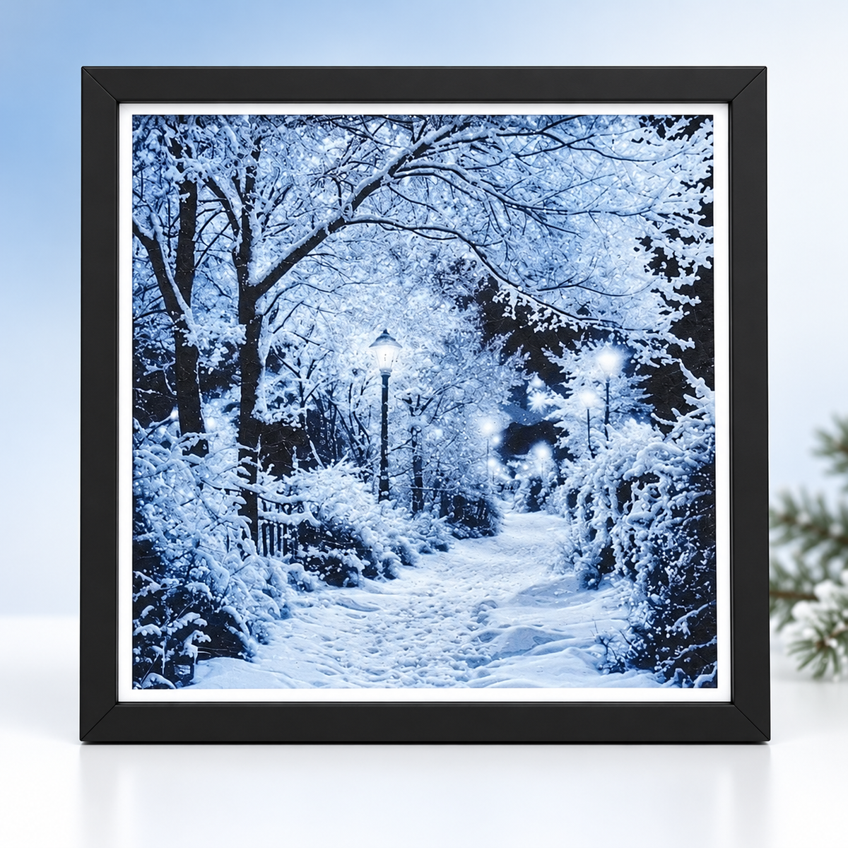 A Snowy Evening Walk HueForge art in black SnapFrame — winter hero styled mockup