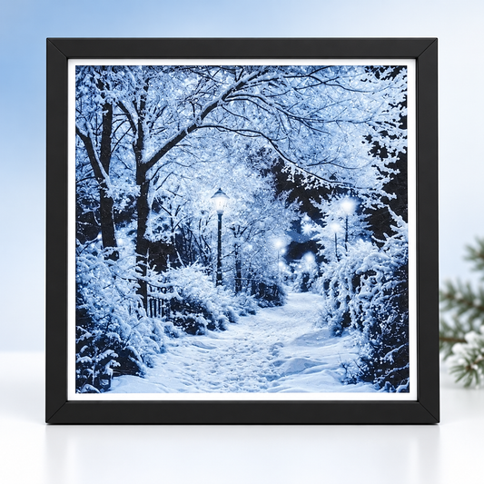 A Snowy Evening Walk HueForge art in black SnapFrame — winter hero styled mockup