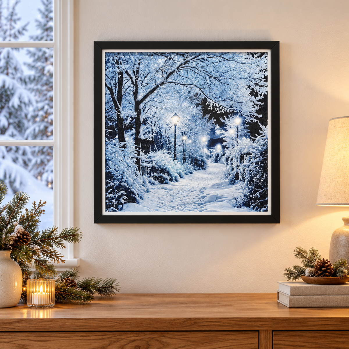 A Snowy Evening Walk HueForge art in black SnapFrame — winter wall styled mockup