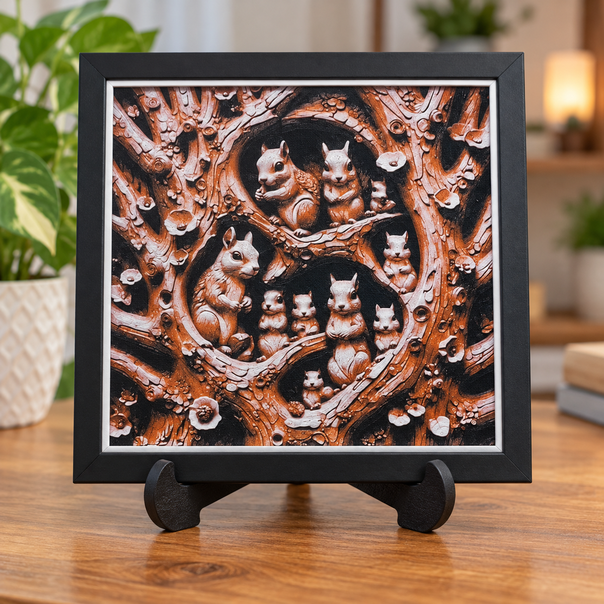 Squirrels HueForge styled mockup with black SnapFrame and thin white border — easel