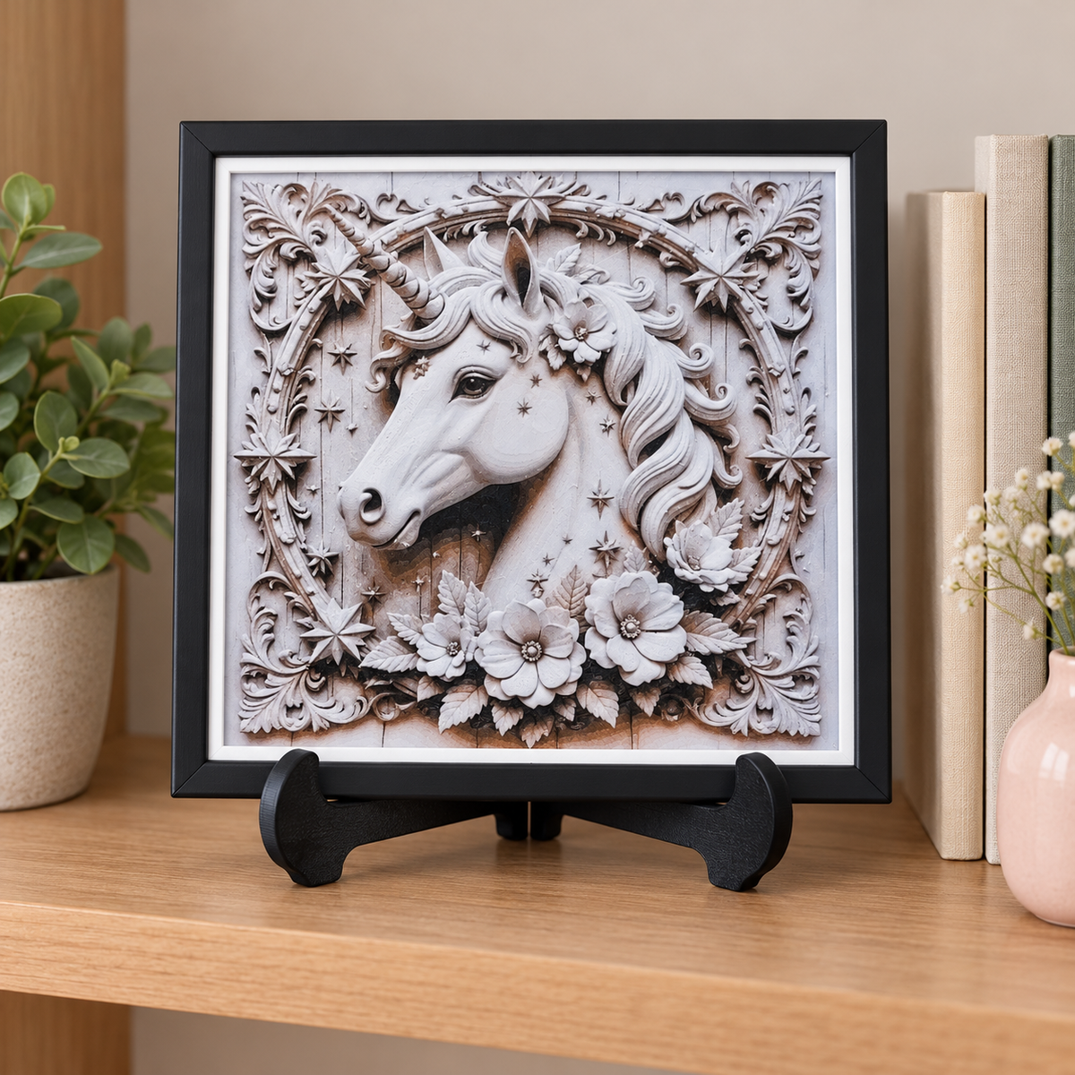 Wood Carving Unicorn HueForge — bookshelf styled mockup