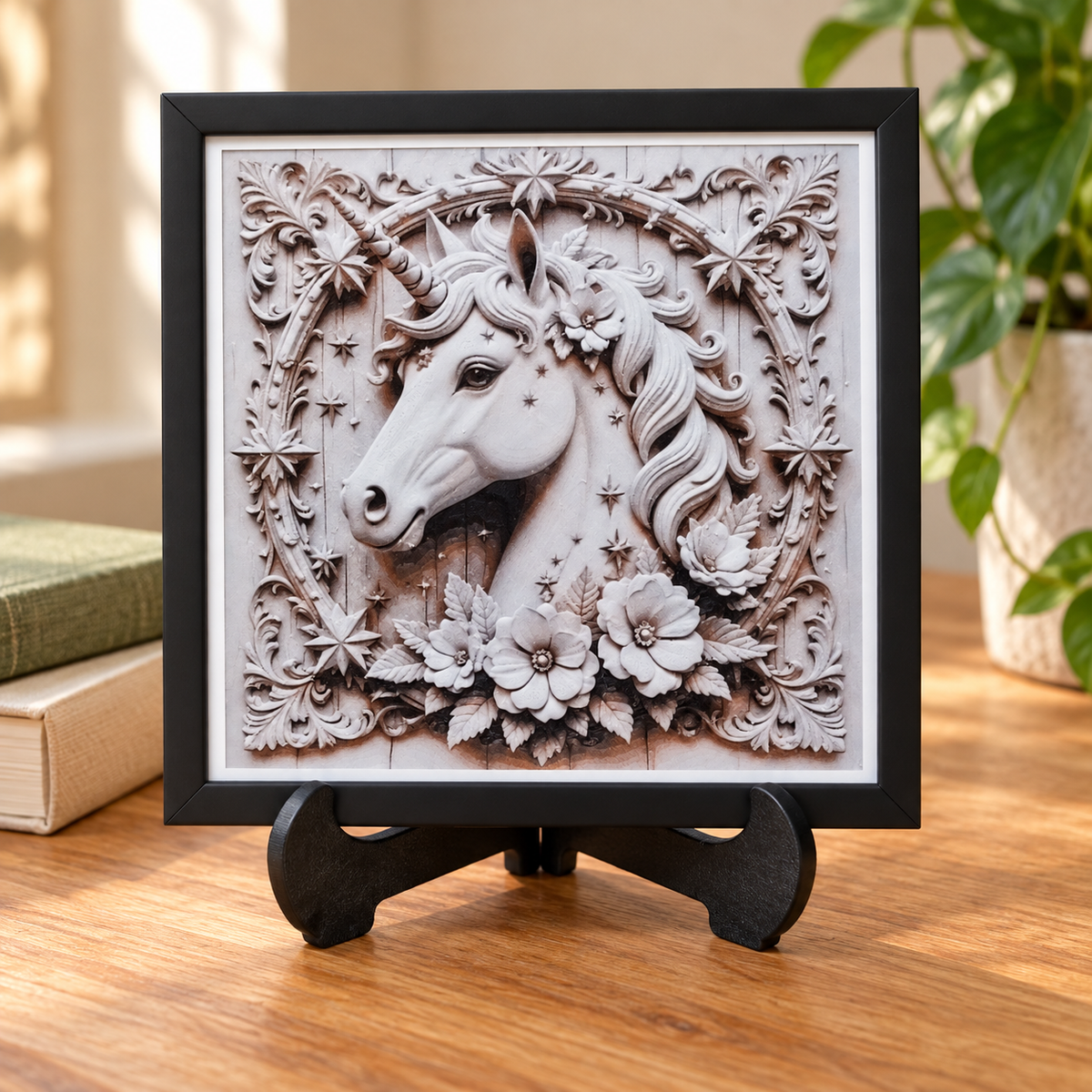 Wood Carving Unicorn HueForge — easel styled mockup