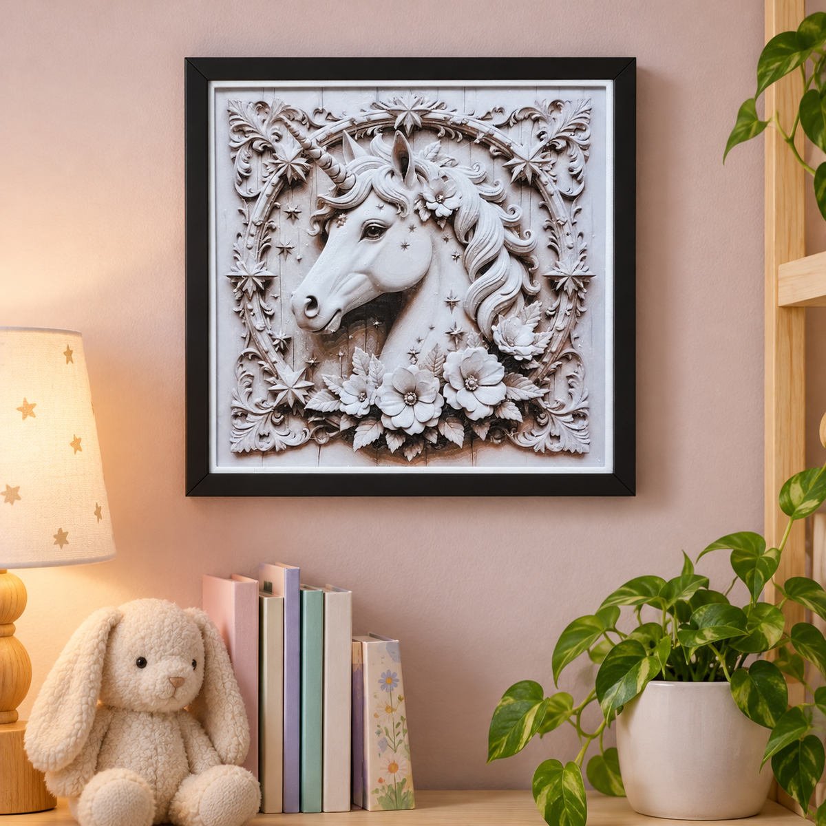 Wood Carving Unicorn HueForge — wall styled mockup