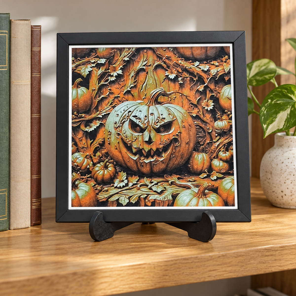 Wicked Pumpkin HueForge styled mockup with black SnapFrame — bookshelf