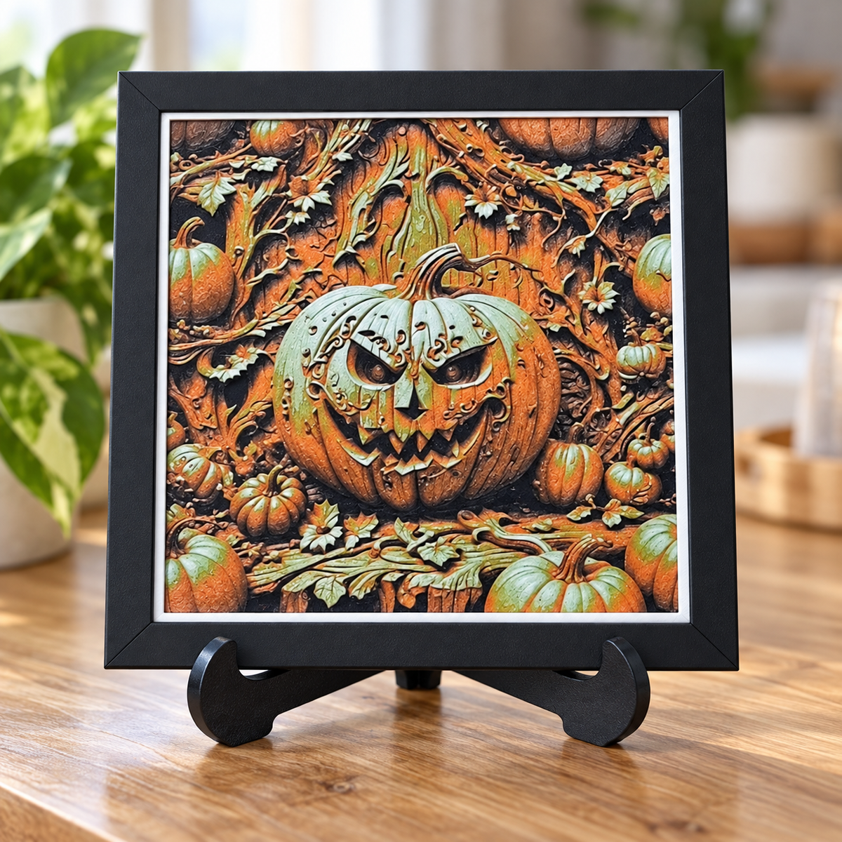 Wicked Pumpkin HueForge styled mockup with black SnapFrame — easel