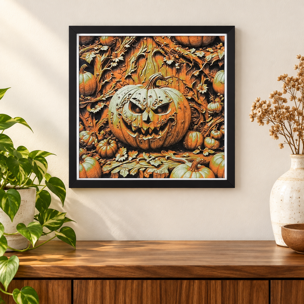 Wicked Pumpkin HueForge styled mockup with black SnapFrame — wall