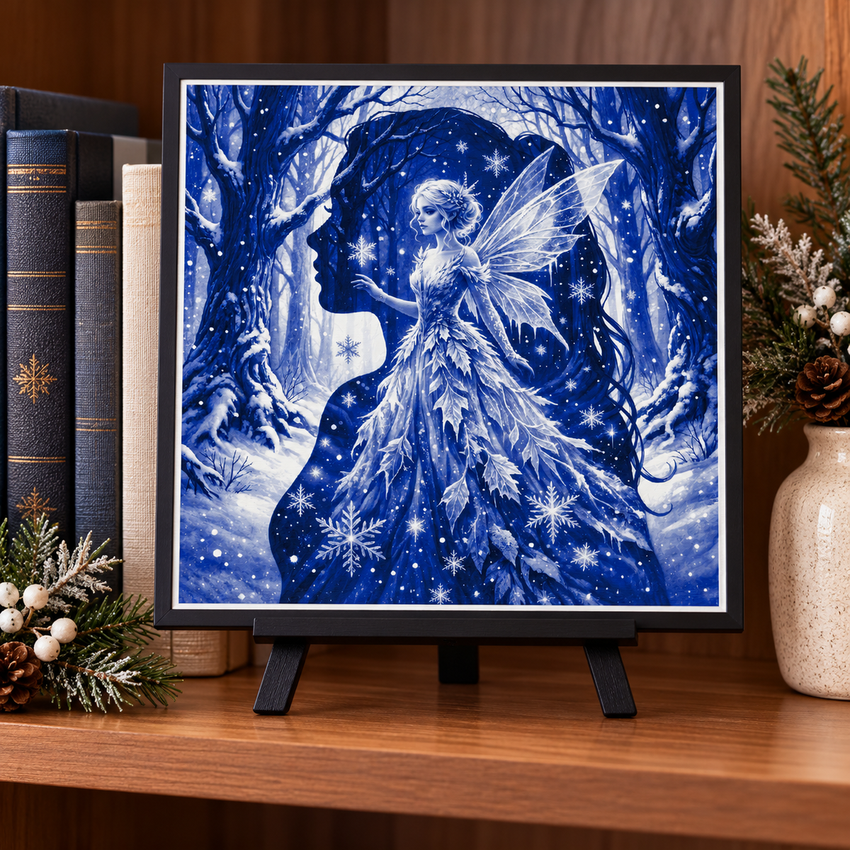Styled digital mockup of BoDad Winter Fairy HueForge art — bookshelf