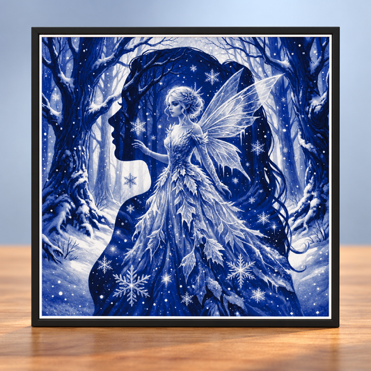 Styled digital mockup of BoDad Winter Fairy HueForge art — hero