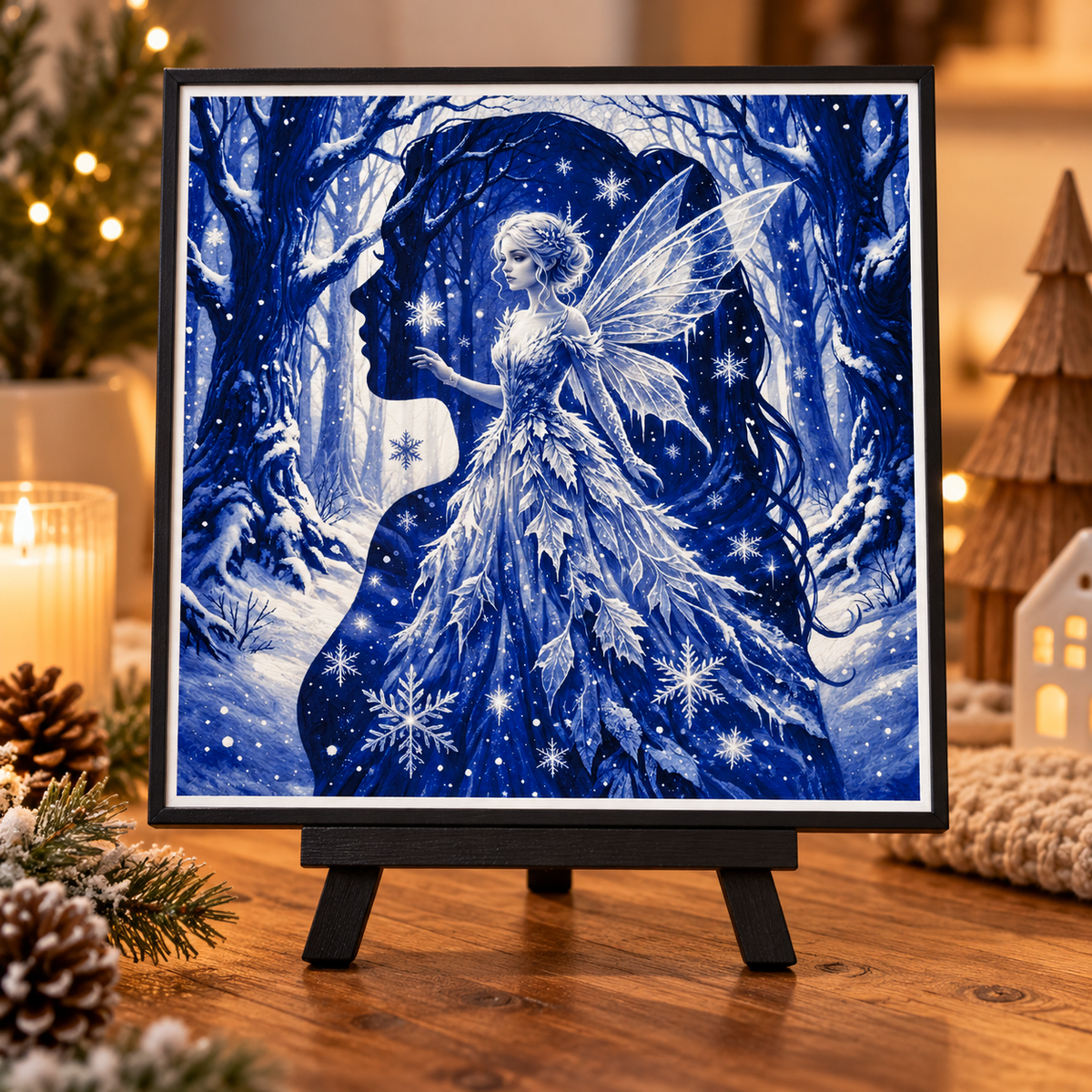 Styled digital mockup of BoDad Winter Fairy HueForge art — table with easel