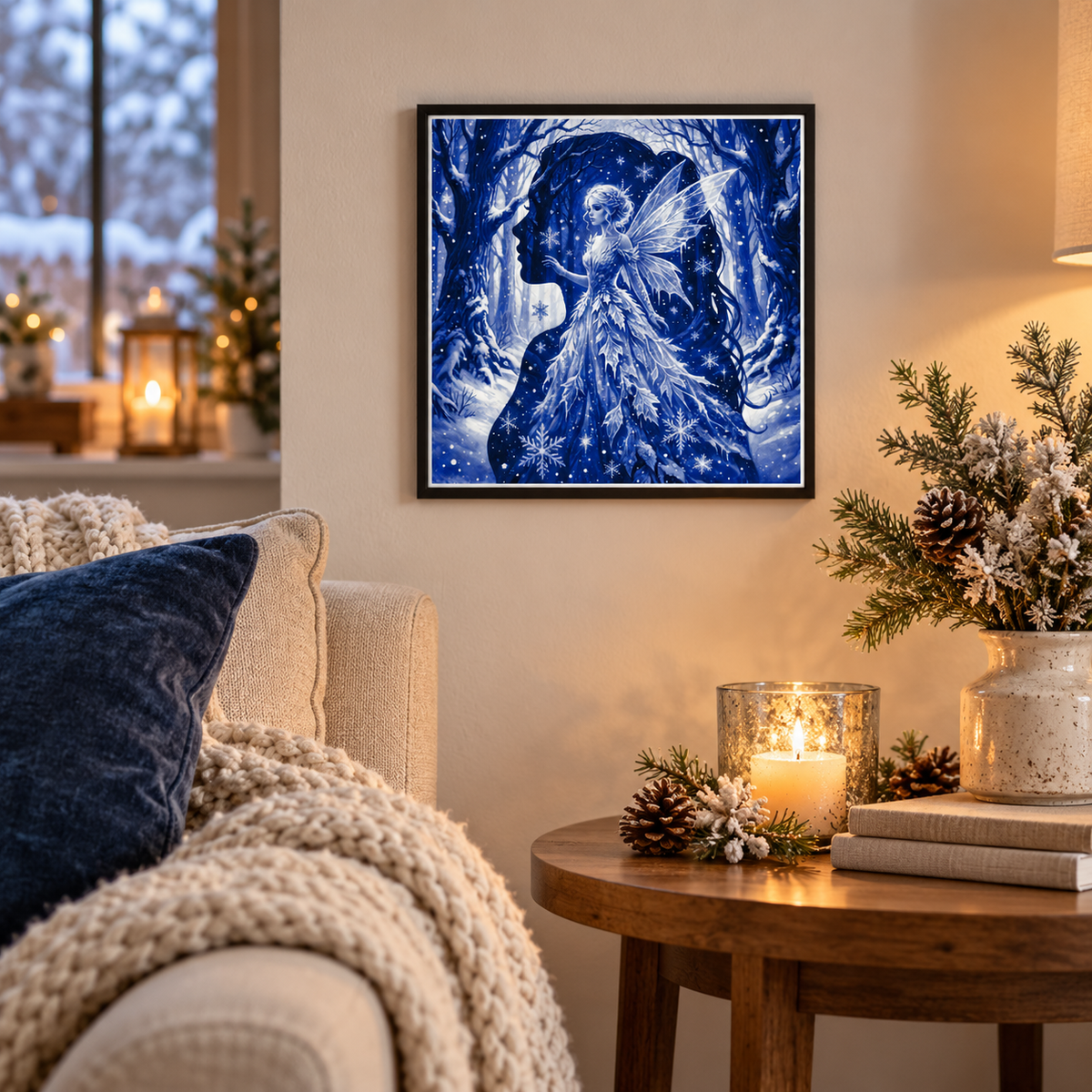 Styled digital mockup of BoDad Winter Fairy HueForge art — wall display