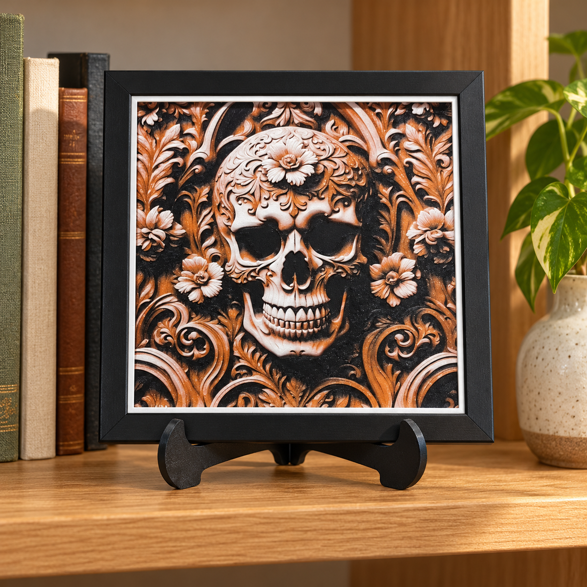 Wood Carving Skull HueForge styled mockup, black SnapFrame and thin white border — bookshelf