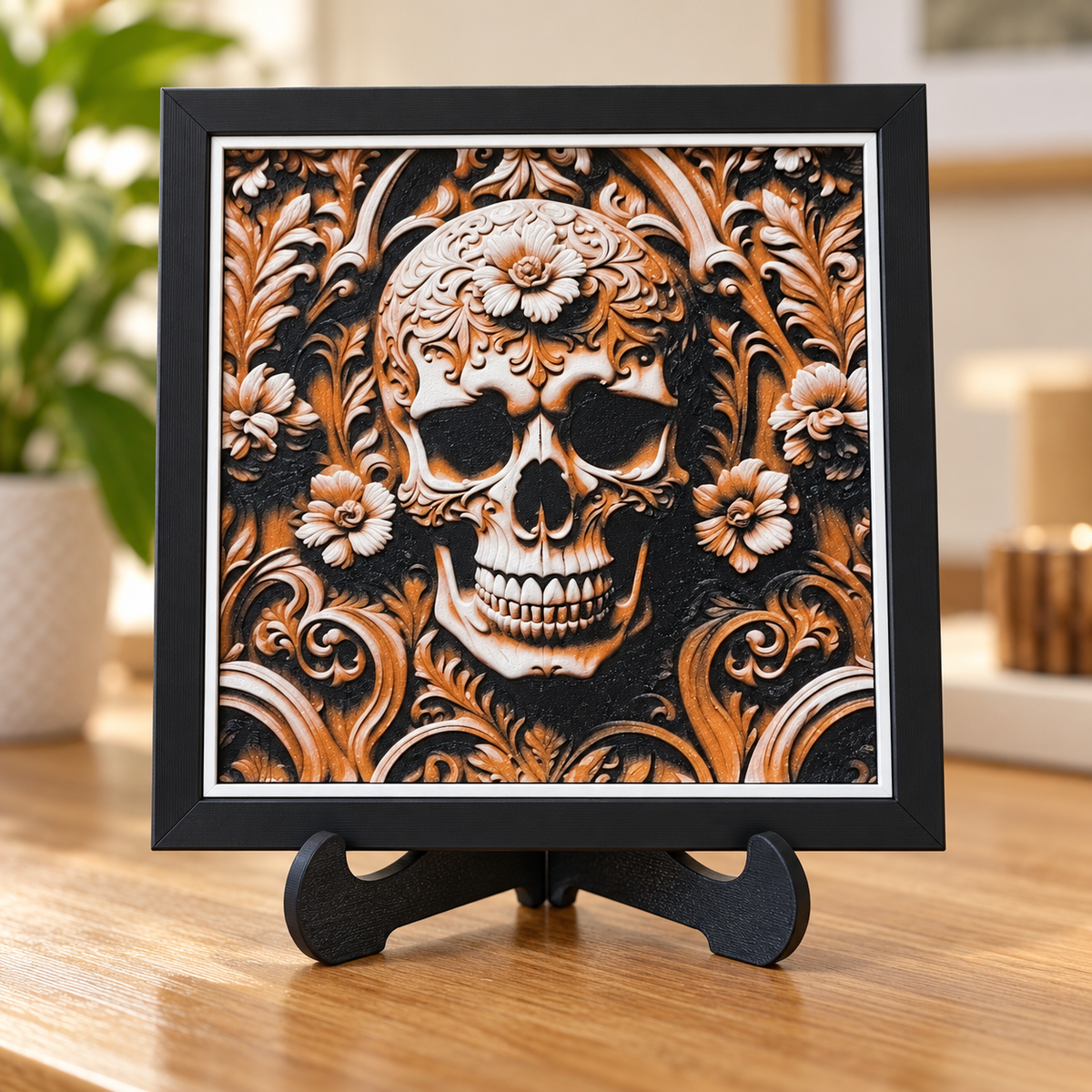 Wood Carving Skull HueForge styled mockup, black SnapFrame and thin white border — easel