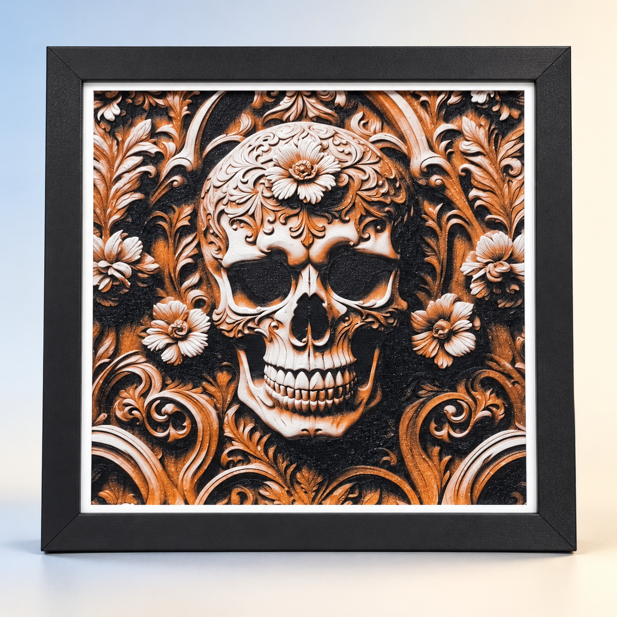 Wood Carving Skull HueForge styled mockup, black SnapFrame and thin white border — hero