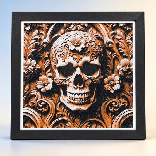 Wood Carving Skull HueForge styled mockup, black SnapFrame and thin white border — hero