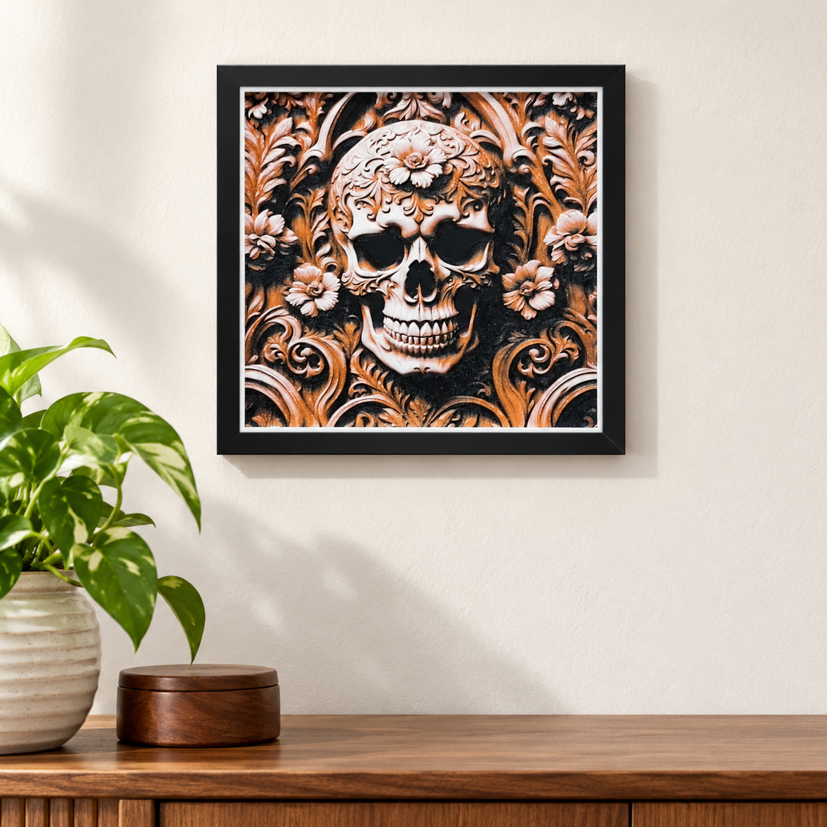 Wood Carving Skull HueForge styled mockup, black SnapFrame and thin white border — wall